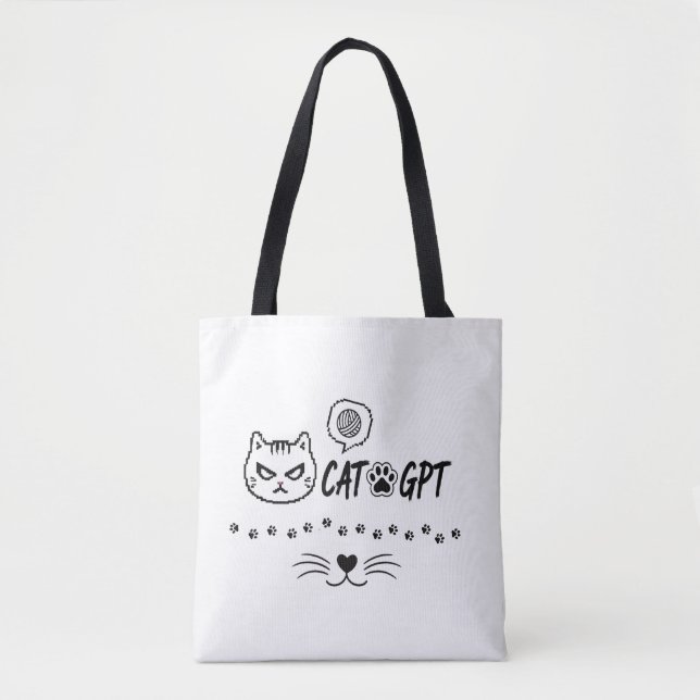 CAT GPT AI Funny Pixel Cat / Funny Cat Tech Quote  Tote Bag (Front)