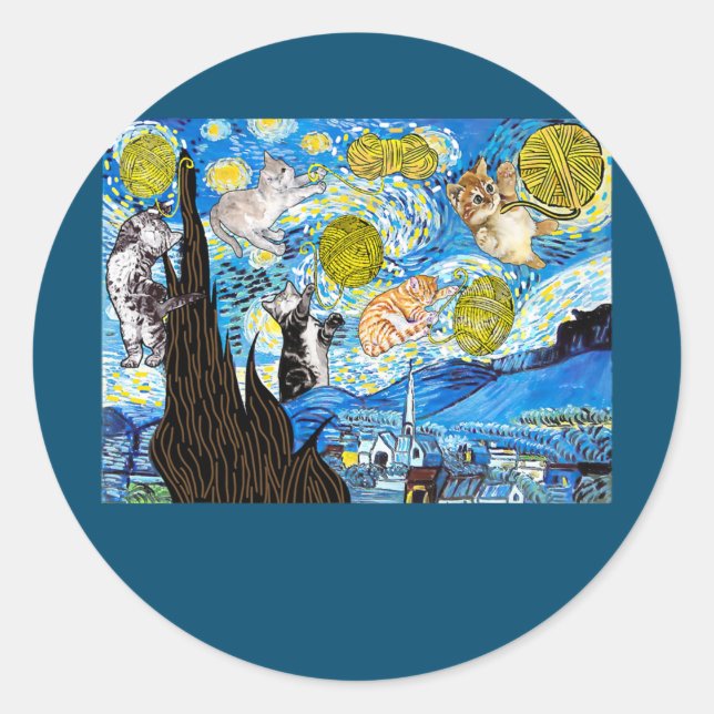 Cat Graphic Starry Night Cat Van Gogh Cat Cat Classic Round Sticker (Front)