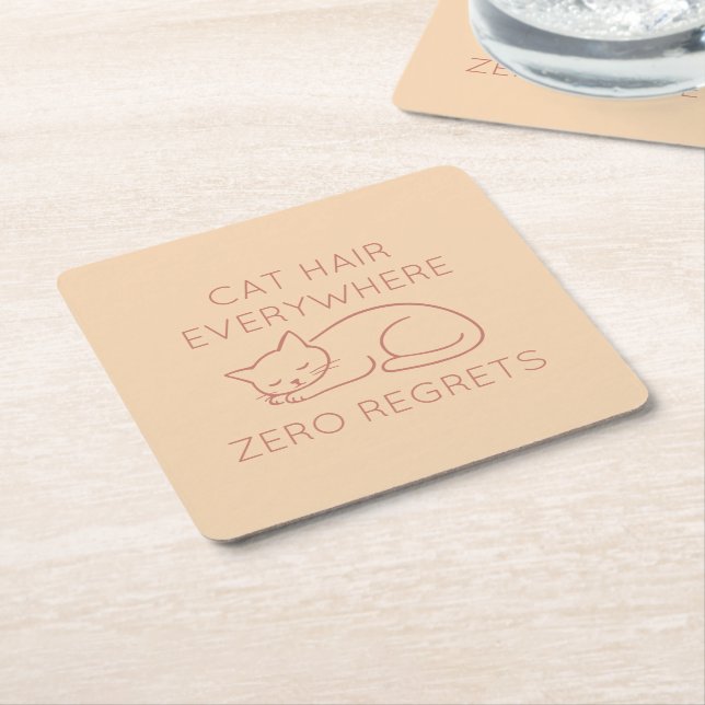 Cat hair zero regrets square paper coaster (Angled)