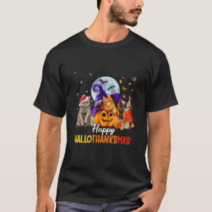 Cat Halloween And Merry Christmas Happy Hallothank T-Shirt