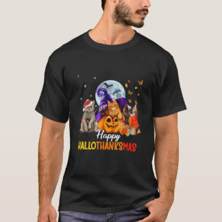 Cat Halloween And Merry Christmas Happy Hallothank T-Shirt