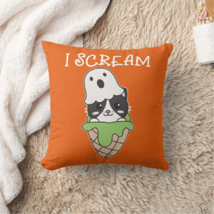 Cat Halloween Ghost I Scream Ice Cream Pun Throw Pillow