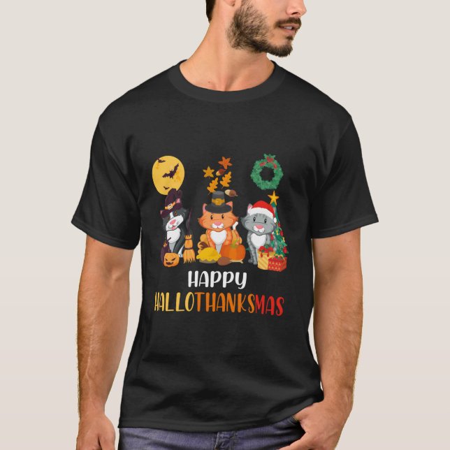 Cat Halloween Happy Hallothanksmas Thanksgiving T-Shirt (Front)