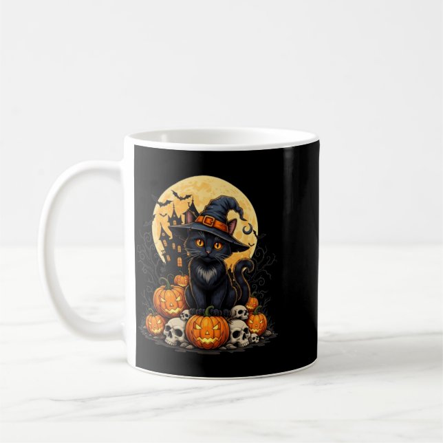 Cat Halloween Pumpkin Black Cat Black Performance Coffee Mug (Left)