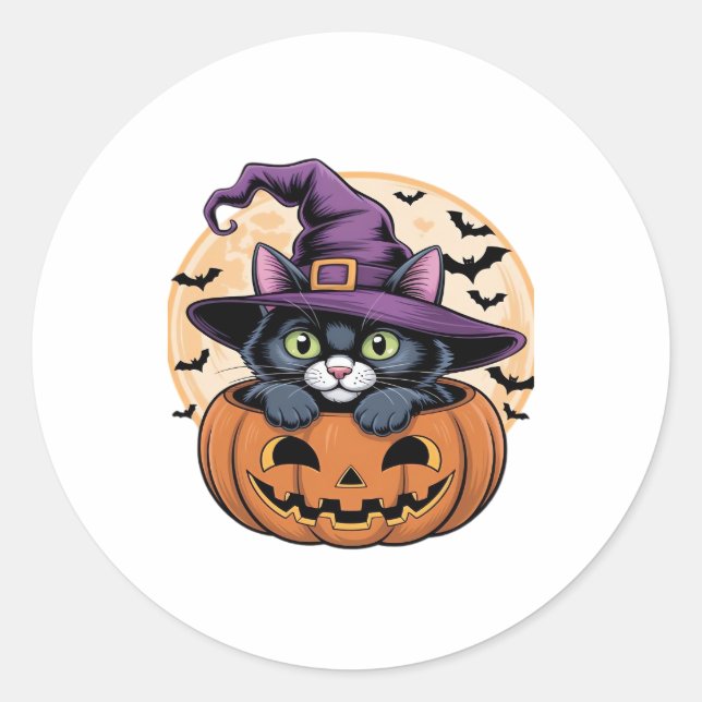 Cat Halloween Pumpkin Black Cat Oversized T-Shirt Classic Round Sticker (Front)