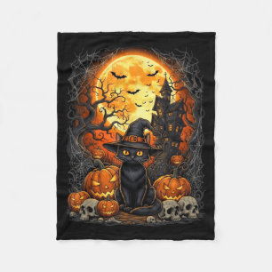 Cat Halloween Pumpkin Black Fleece Blanket