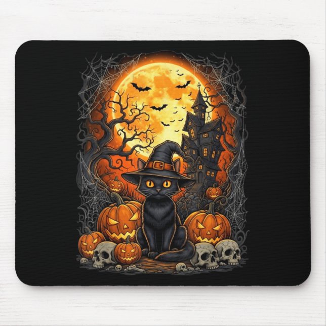 Cat Halloween Pumpkin Black Mouse Pad (Front)