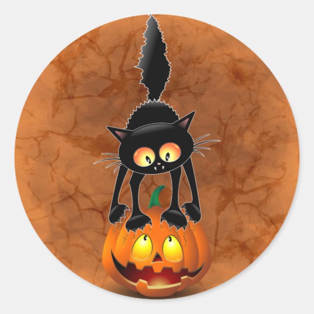 Cat Halloween Scared Cartoon Character standing on Classic Round Sticker (Front)