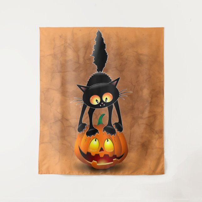 Cat Halloween Scared Cartoon Character standing on Tapestry (Front)