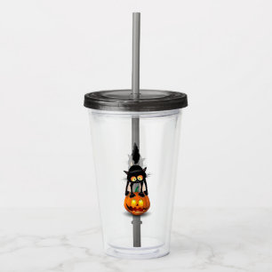 Cat Halloween Scared Cartoon on Pumpkin Acrylic Tumbler