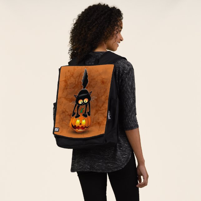 Cat Halloween Scared Cartoon on Pumpkin Backpack (Worn)