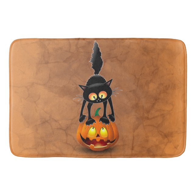 Cat Halloween Scared Cartoon on Pumpkin Bath Mat (Front)