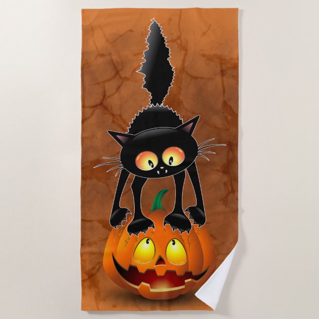 Cat Halloween Scared Cartoon on Pumpkin Beach Towel (Front)