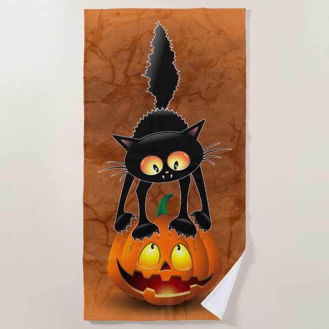 Cat Halloween Scared Cartoon on Pumpkin Beach Towel (Front)