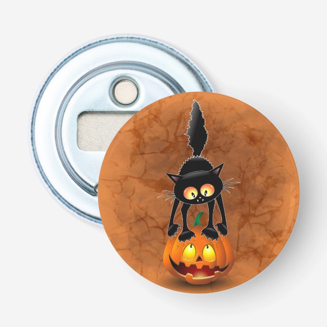 Cat Halloween Scared Cartoon on Pumpkin Bottle Opener (Front)