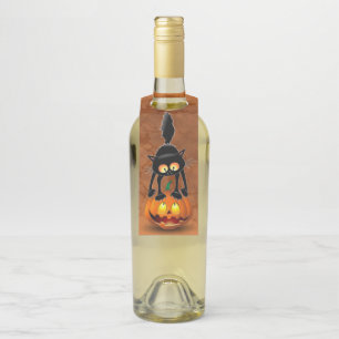 Cat Halloween Scared Cartoon on Pumpkin Bottle Tag