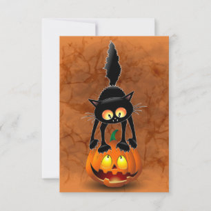 Cat Halloween Scared Cartoon on Pumpkin Card