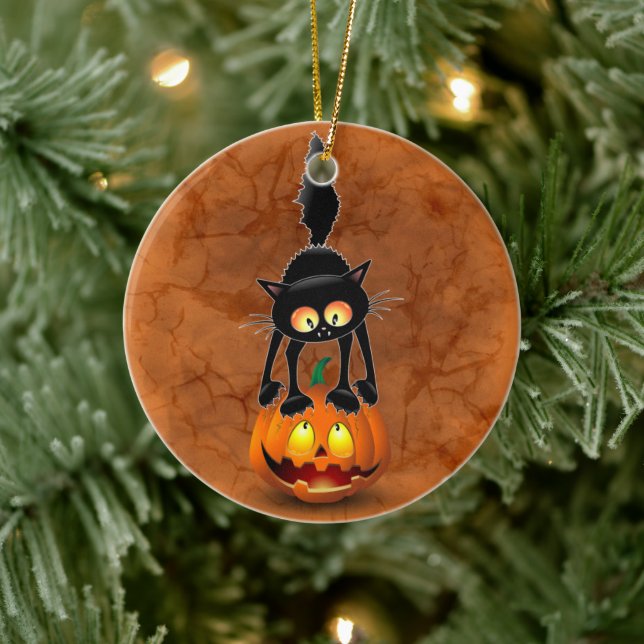 Cat Halloween Scared Cartoon on Pumpkin Ceramic Ornament (Tree)