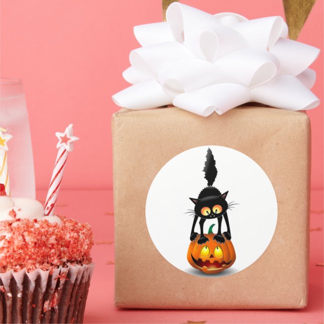 Cat Halloween Scared Cartoon on Pumpkin Classic Round Sticker (Party)