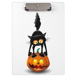 Cat Halloween Scared Cartoon on Pumpkin Clipboard