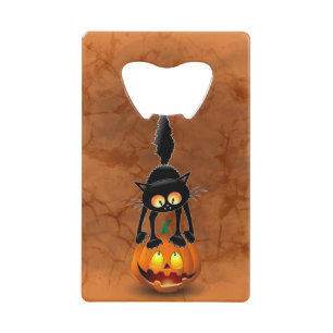 Cat Halloween Scared Cartoon on Pumpkin Credit Card Bottle Opener