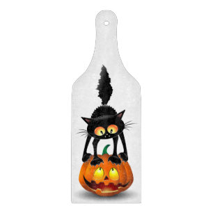 Cat Halloween Scared Cartoon on Pumpkin Cutting Board