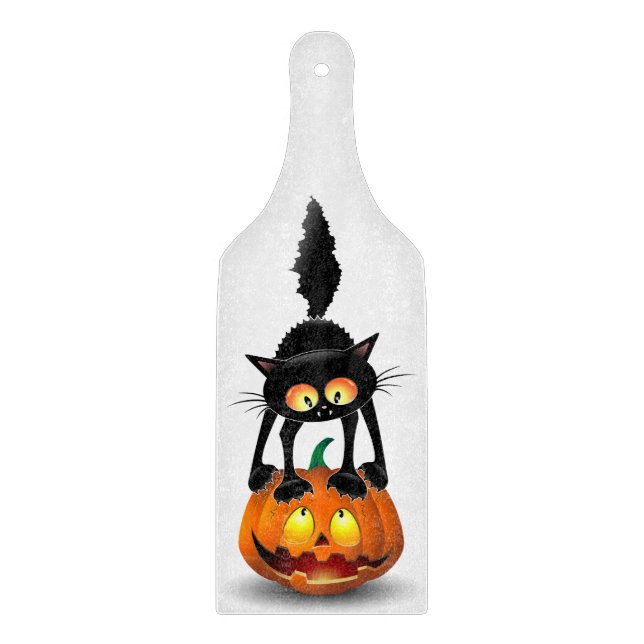 Cat Halloween Scared Cartoon on Pumpkin Cutting Board (Front)
