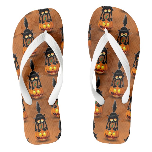 Cat Halloween Scared Cartoon on Pumpkin Flip Flops (Footbed)