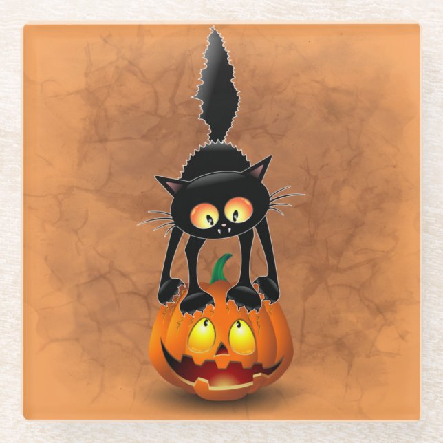 Cat Halloween Scared Cartoon on Pumpkin Glass Coaster (Front)