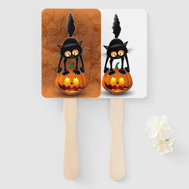Cat Halloween Scared Cartoon on Pumpkin Hand Fan (Front and Back)