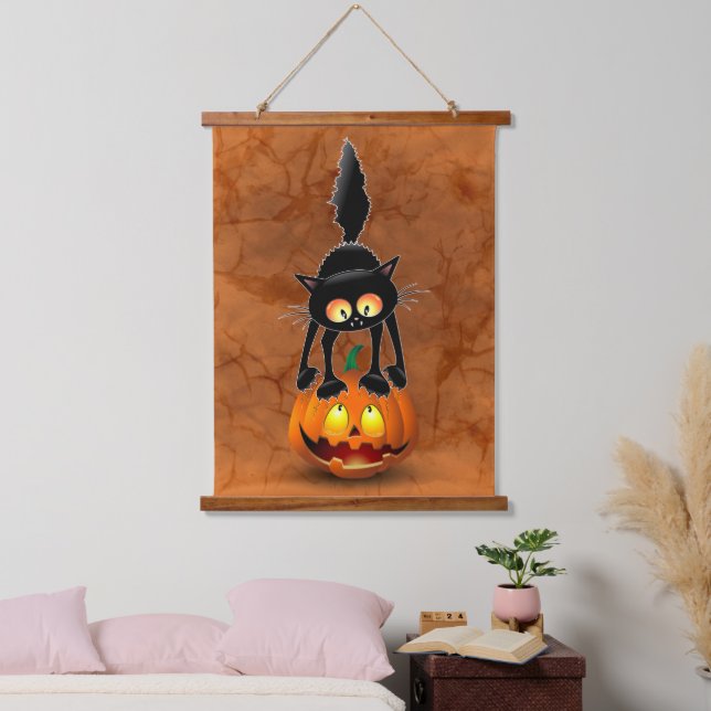 Cat Halloween Scared Cartoon on Pumpkin Hanging Tapestry (Bedroom)