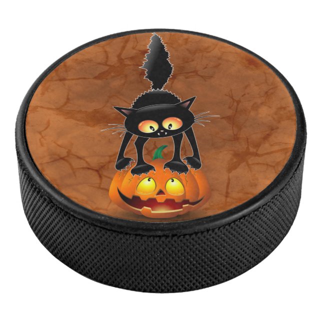Cat Halloween Scared Cartoon on Pumpkin Hockey Puck (3/4)