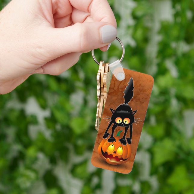 Cat Halloween Scared Cartoon on Pumpkin Keychain (Hand)