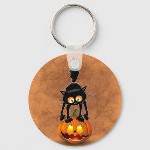 Cat Halloween Scared Cartoon on Pumpkin Keychain