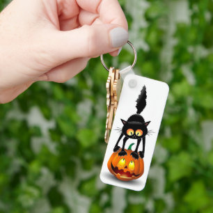 Cat Halloween Scared Cartoon on Pumpkin Keychain