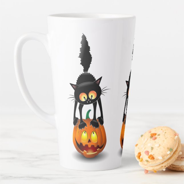 Cat Halloween Scared Cartoon on Pumpkin Latte Mug (In Situ)