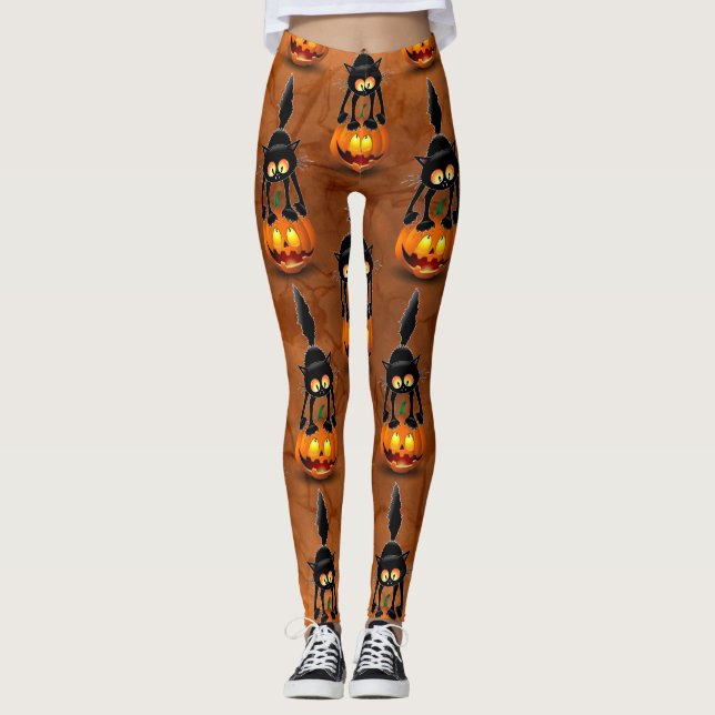 Cat Halloween Scared Cartoon on Pumpkin Leggings (Front)