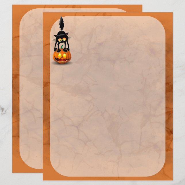 Cat Halloween Scared Cartoon on Pumpkin Letterhead (Front/Back)