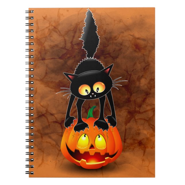 Cat Halloween Scared Cartoon on Pumpkin Notebook (Front)