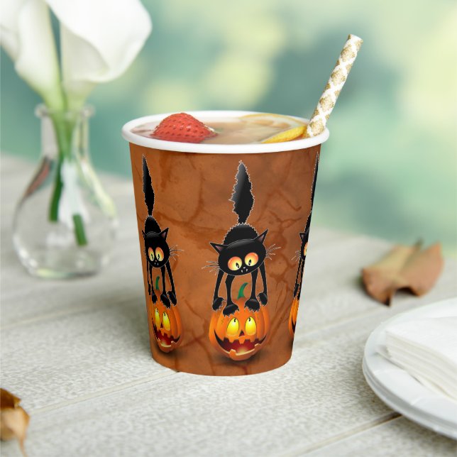 Cat Halloween Scared Cartoon on Pumpkin Paper Cups (Insitu)