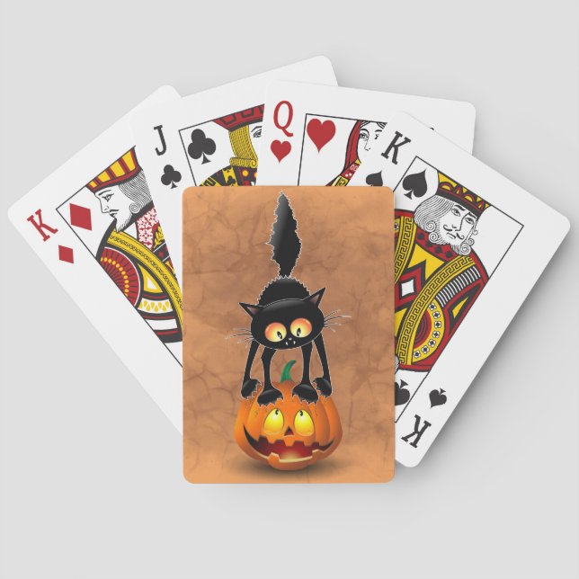 Cat Halloween Scared Cartoon on Pumpkin Playing Cards (Back)