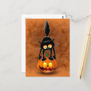 Cat Halloween Scared Cartoon on Pumpkin Postcard