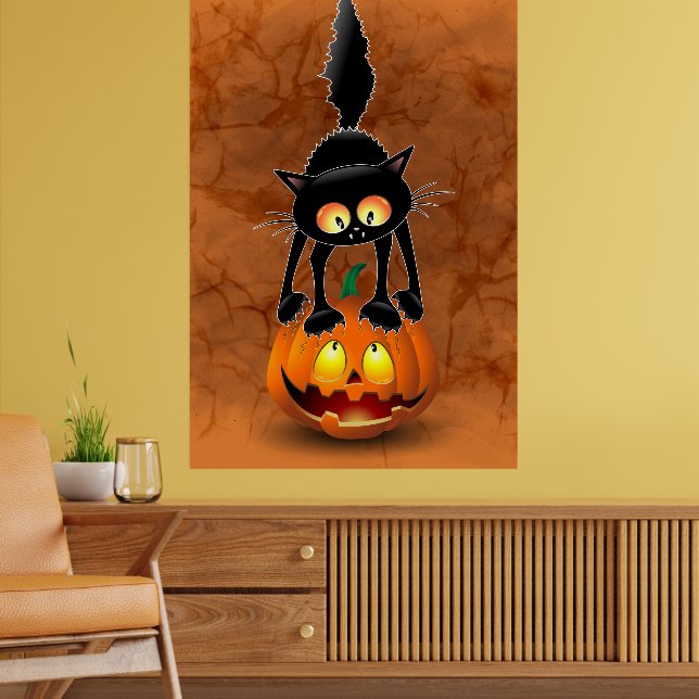 Cat Halloween Scared Cartoon on Pumpkin Poster (Living Room 2)