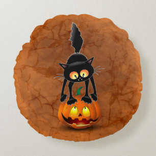 Cat Halloween Scared Cartoon on Pumpkin Round Pillow