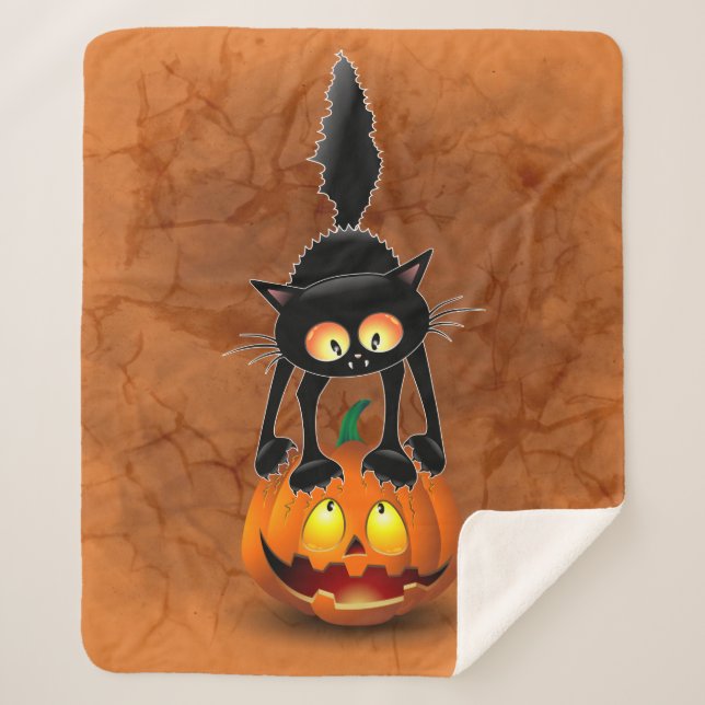 Cat Halloween Scared Cartoon on Pumpkin Sherpa Blanket (Front)