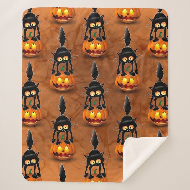 Cat Halloween Scared Cartoon on Pumpkin Sherpa Blanket (Front)