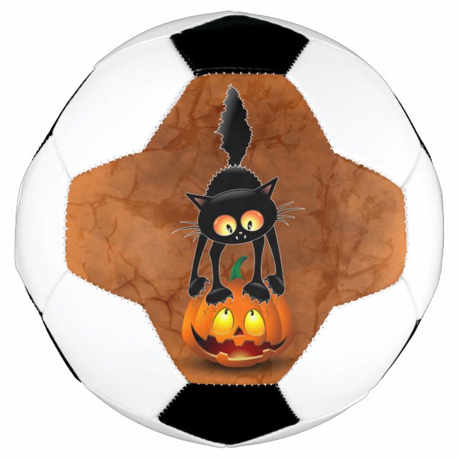 Cat Halloween Scared Cartoon on Pumpkin Soccer Ball (Front)