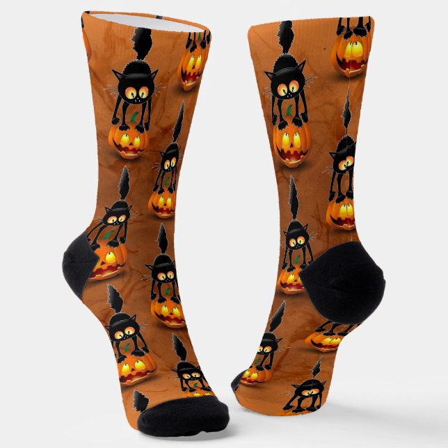 Cat Halloween Scared Cartoon on Pumpkin Socks (Angled)