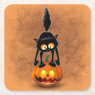 Cat Halloween Scared Cartoon on Pumpkin Square Paper Coaster