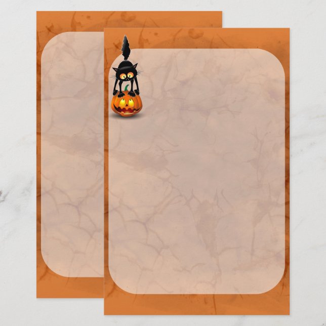 Cat Halloween Scared Cartoon on Pumpkin Stationery (Front/Back)
